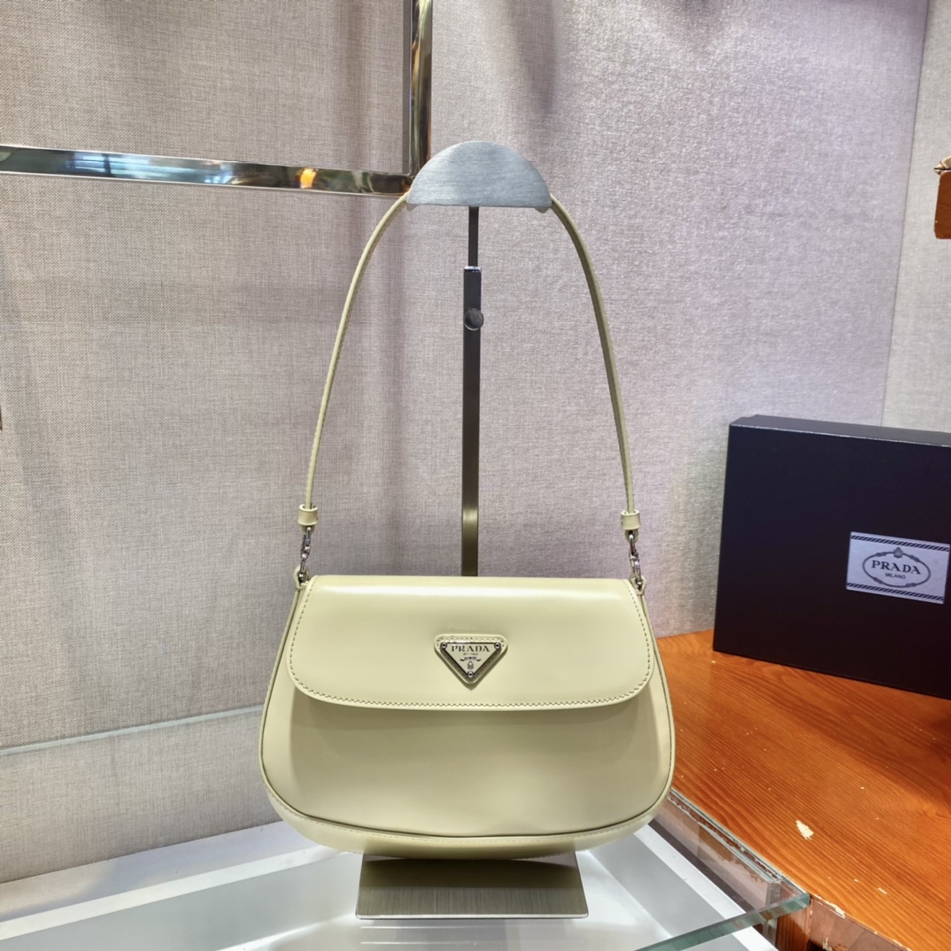 Prada Cleo Brushed Leather Shoulder Bag With Flap Beige 1BD311